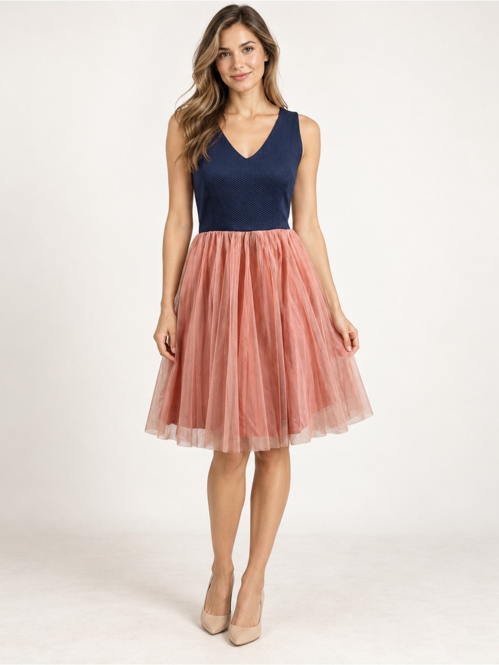 Francesca’s Annabella Fit & Flare Cocktail Party Dress Navy‎ & Coral size Med
